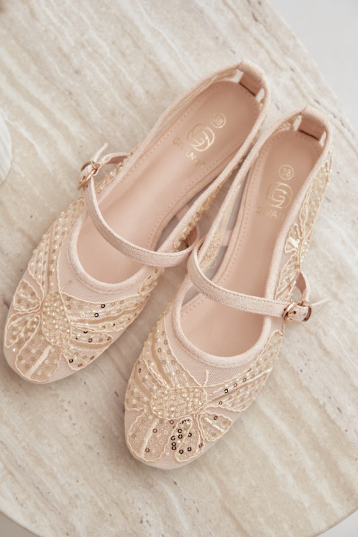Mesh ballerinas with embroidered flowers and sequins in sand color Caletta