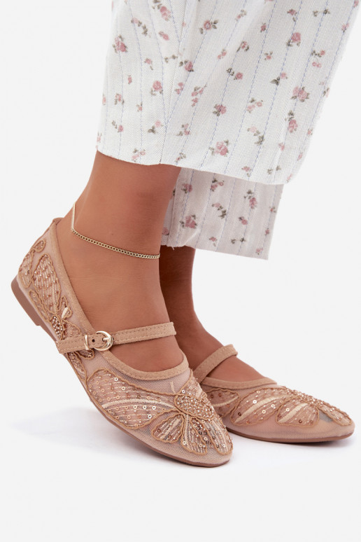 Mesh ballerinas with embroidered flowers and sequins in sand color Caletta