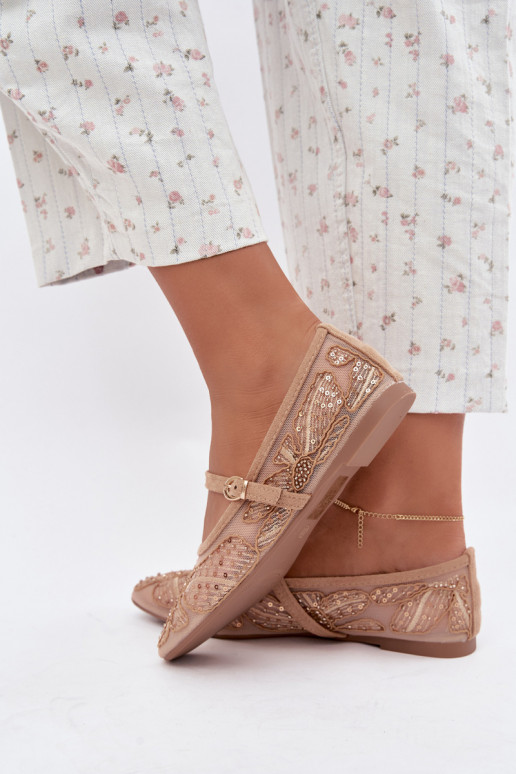 Mesh ballerinas with embroidered flowers and sequins in sand color Caletta