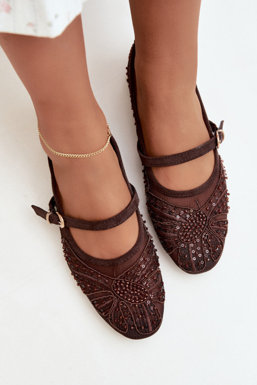 Mesh ballerinas with embroidered flowers and sequins in chocolate color Caletta
