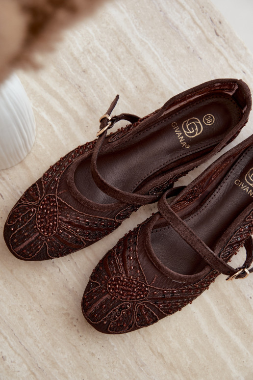 Mesh ballerinas with embroidered flowers and sequins in chocolate color Caletta