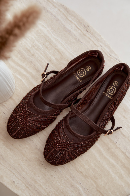 Mesh ballerinas with embroidered flowers and sequins in chocolate color Caletta
