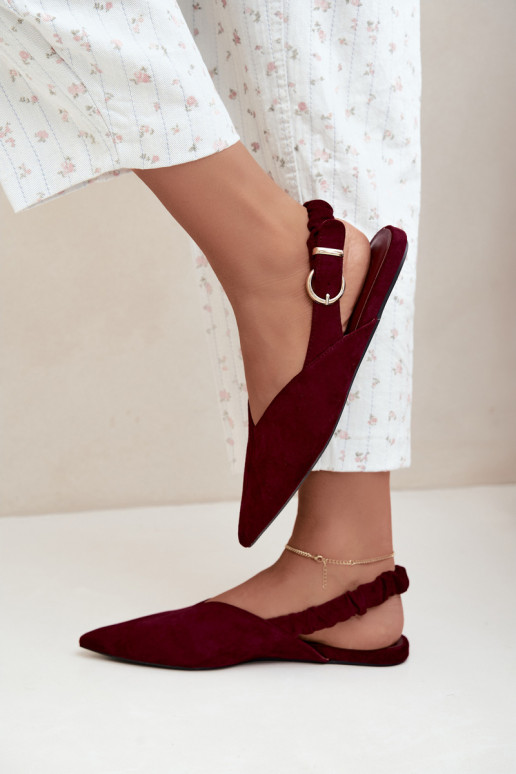 Ballerinas with open heels, decorative ribbons and buckles in burgundy color Harton