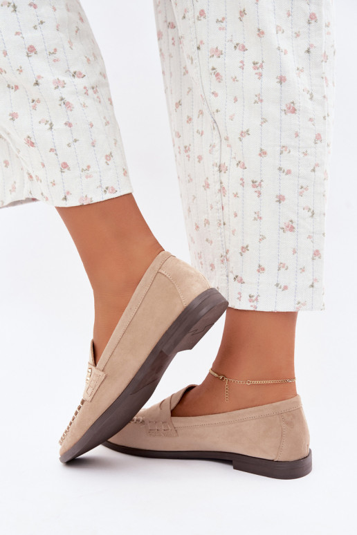 mokasyny damskie z dekoracyjnymi detalami w kolorze piaskowym Treya