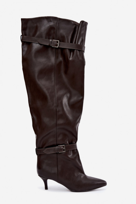 slip-on knee-high boots with heels and buckles in brown color Jassy