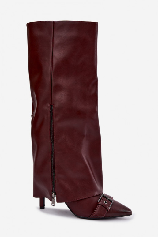 insulated knee-high boots with thin heels and buckles in burgundy color Kelra