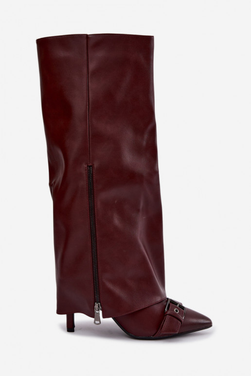 insulated knee-high boots with thin heels and buckles in burgundy color Kelra