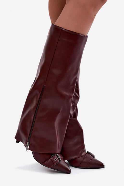 insulated knee-high boots with thin heels and buckles in burgundy color Kelra