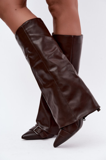 insulated knee-high boots with thin heels and buckles in brown color Kelra 2
