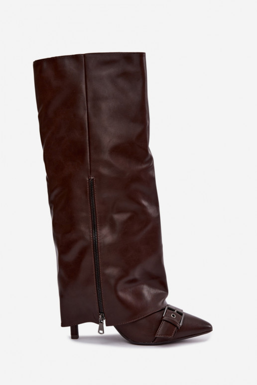 insulated knee-high boots with thin heels and buckles in brown color Kelra