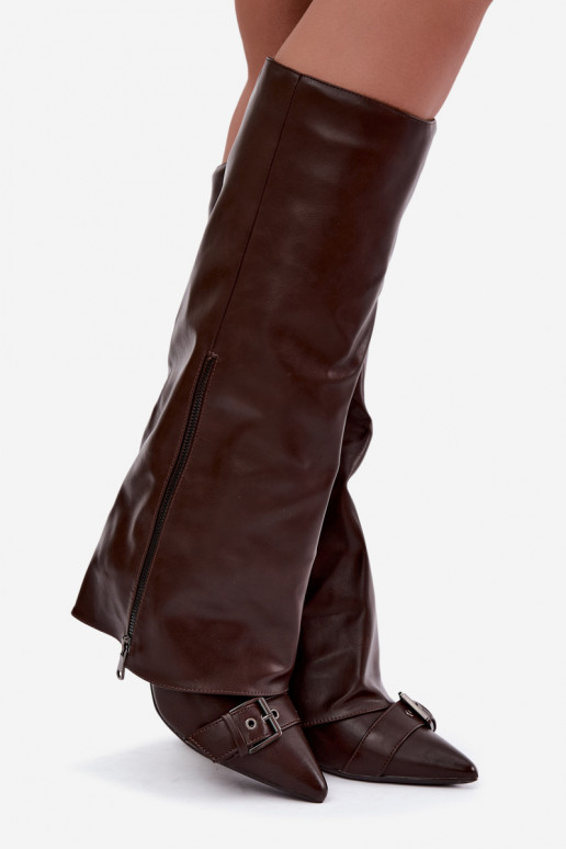 insulated knee-high boots with thin heels and buckles in brown color Kelra
