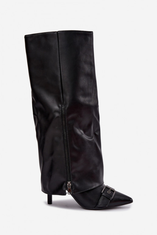 insulated knee-high boots with thin heels and buckles in black color Kelra