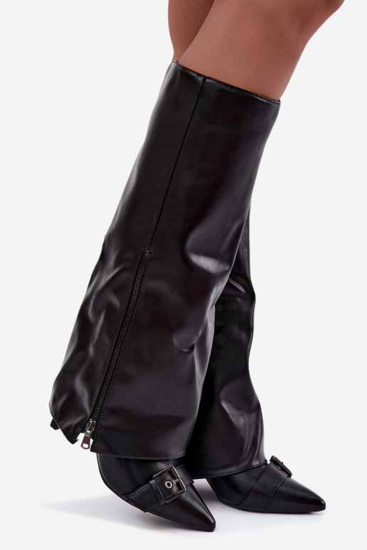 insulated knee-high boots with thin heels and buckles in black color Kelra