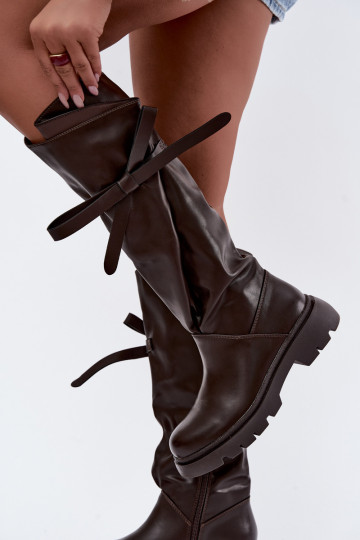 women's knee-high boots with wide heels and bows in brown color Amely