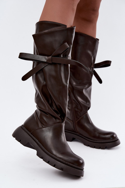 women's knee-high boots with wide heels and bows in brown color Amely