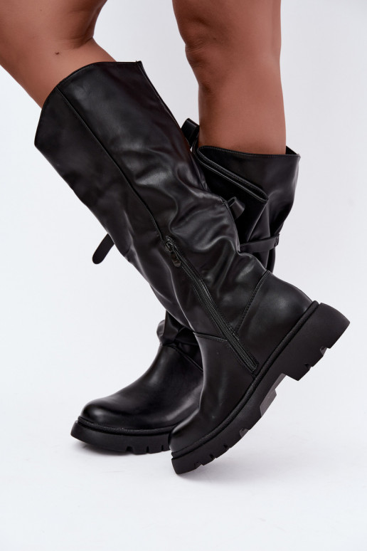 women's knee-high boots with wide heels and bows in black color Amely