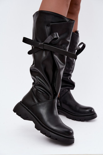 women's knee-high boots with wide heels and bows in black color Amely 2