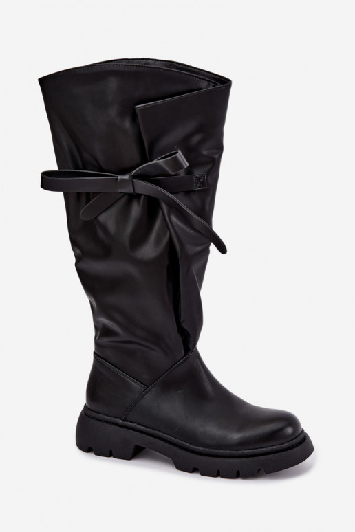 women's knee-high boots with wide heels and bows in black color Amely