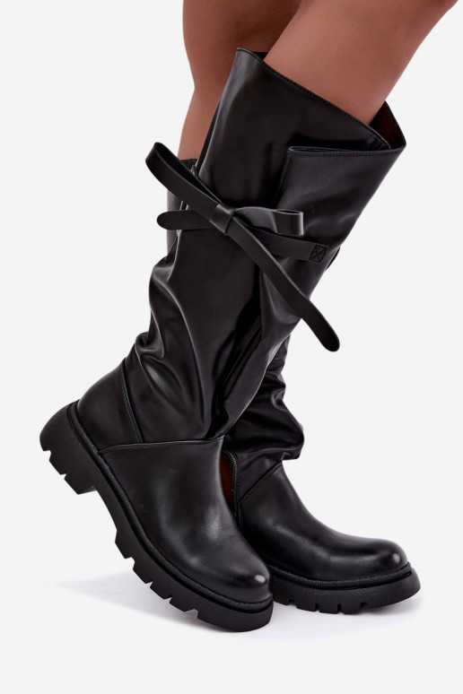 women's knee-high boots with wide heels and bows in black color Amely