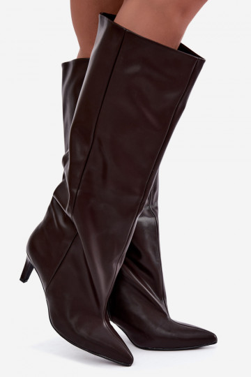 slip-on women's knee-high boots with heels made of faux leather in brown color Favra 2