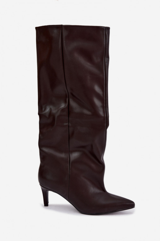 slip-on women's knee-high boots with heels made of faux leather in brown color Favra