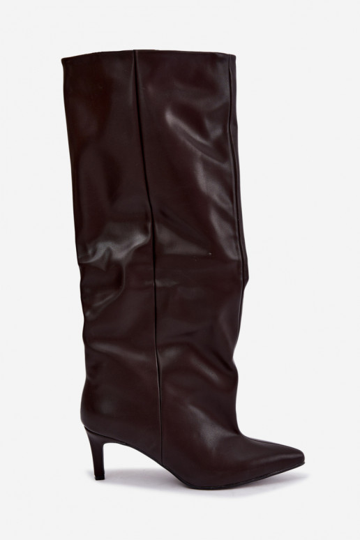 slip-on women's knee-high boots with heels made of faux leather in brown color Favra
