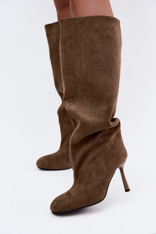slip-on women's knee-high boots with thin heels in khaki color Caliya