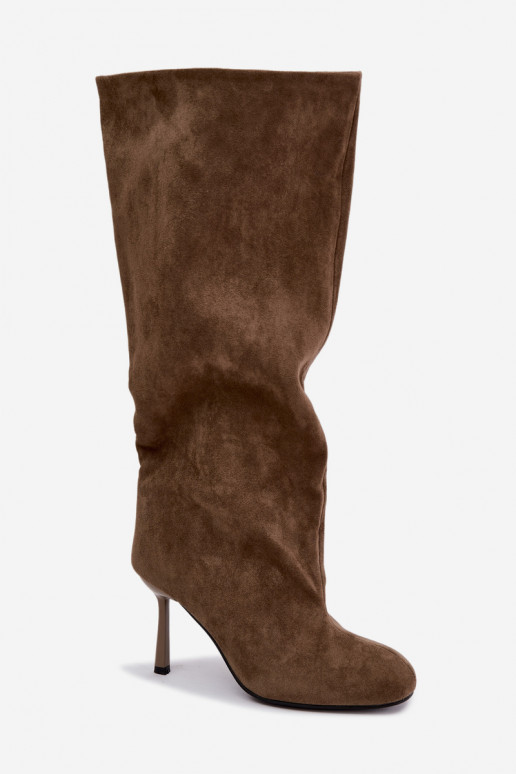 slip-on women's knee-high boots with thin heels in khaki color Caliya