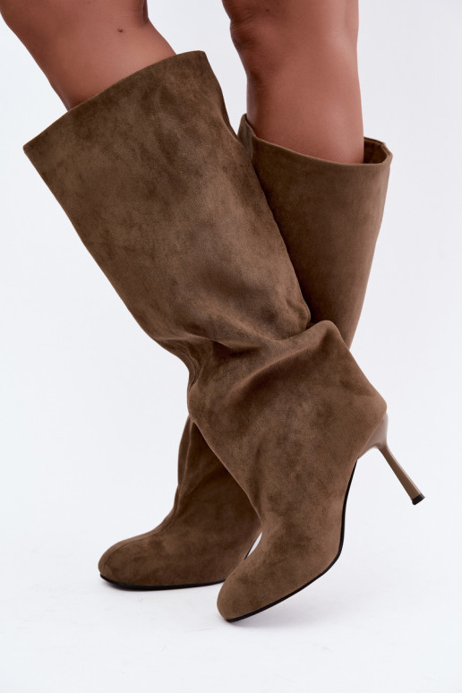 slip-on women's knee-high boots with thin heels in khaki color Caliya
