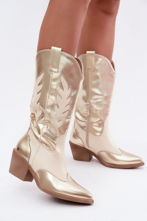 knee-high cowboy-style boots with heels in golden color
