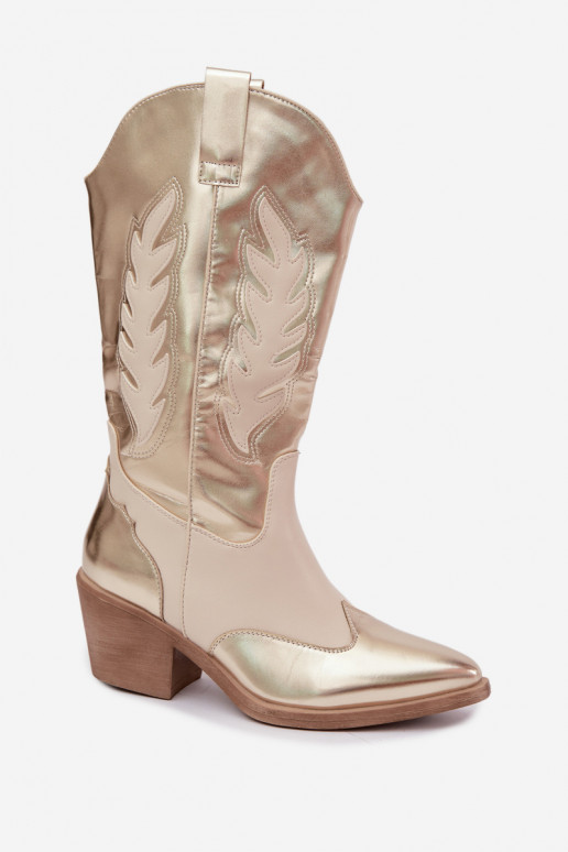knee-high cowboy-style boots with heels in golden color