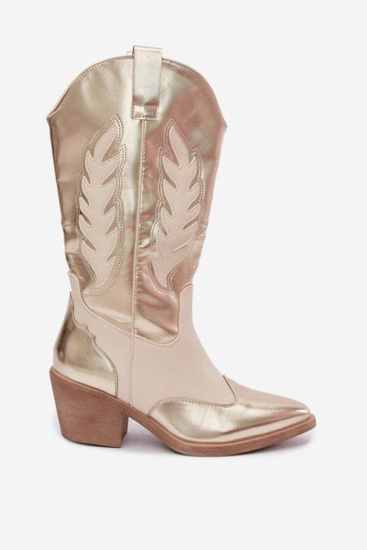 knee-high cowboy-style boots with heels in golden color