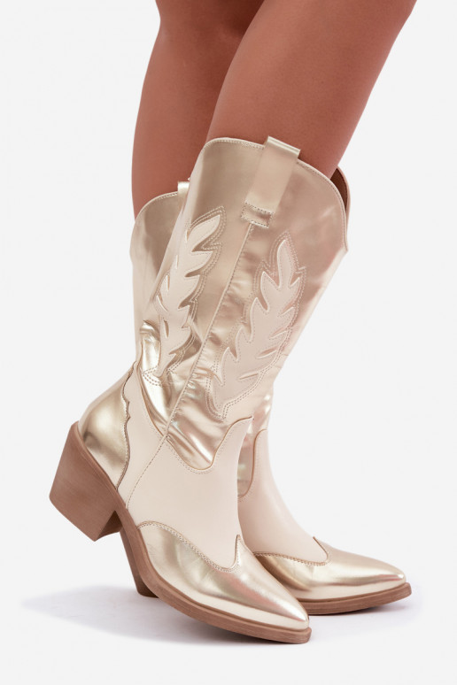 knee-high cowboy-style boots with heels in golden color