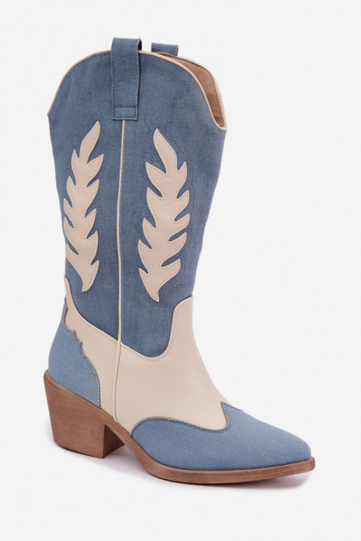 knee-high cowboy-style boots with heels made of denim in brown color