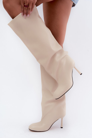 Slip-on women's knee-high boots with slim heels in ivory color Caliya 2