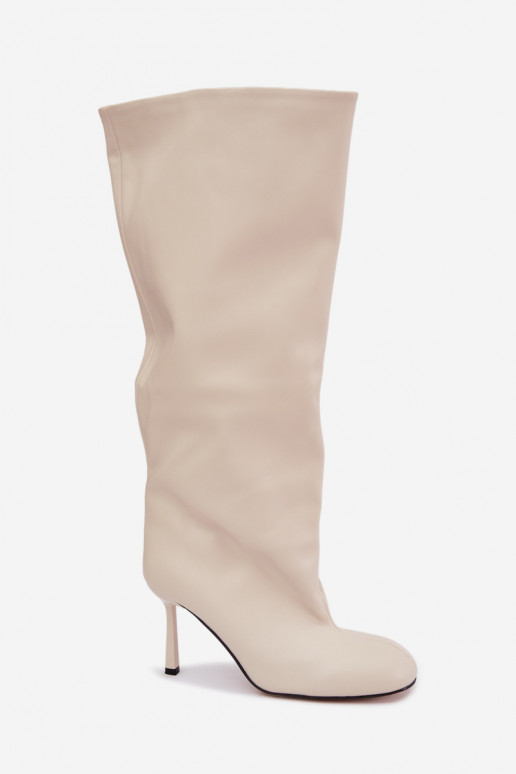 Slip-on women's knee-high boots with slim heels in ivory color Caliya
