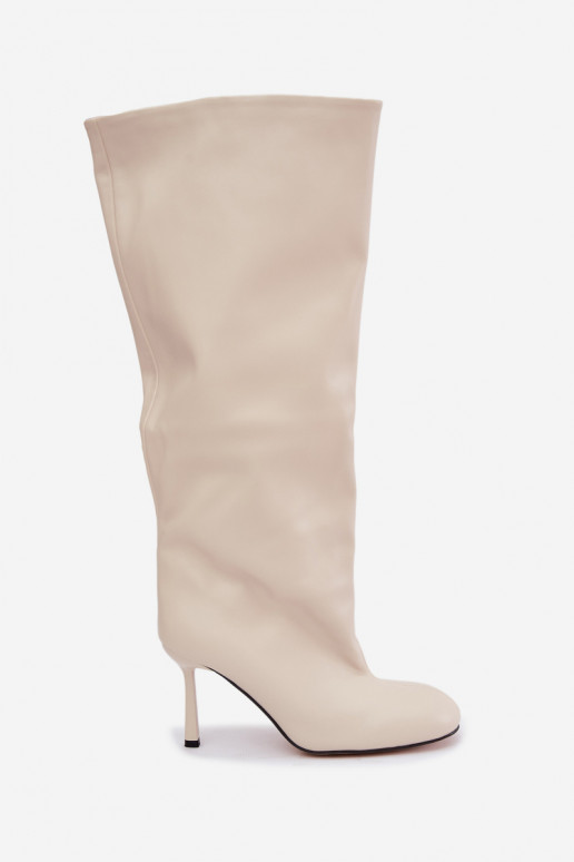 Slip-on women's knee-high boots with slim heels in ivory color Caliya