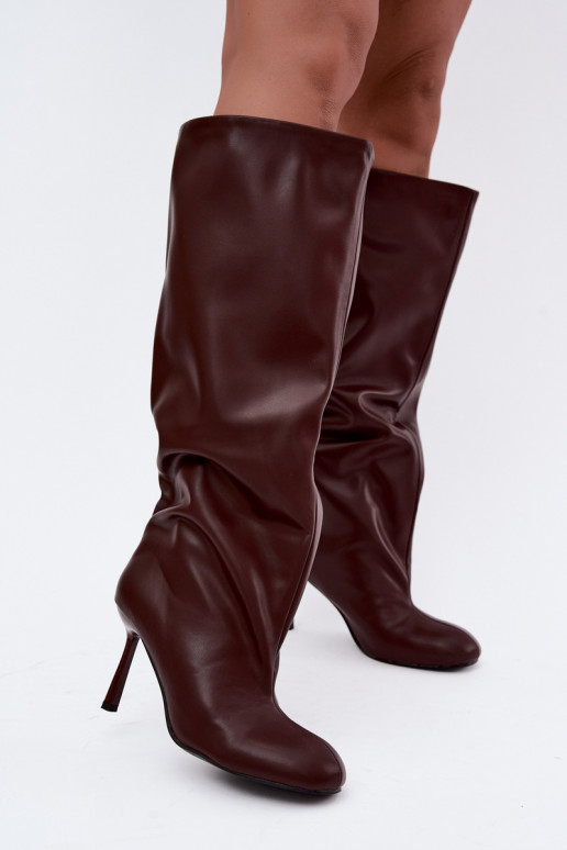 Slip-on women's knee-high boots with slim heels in burgundy color Caliya