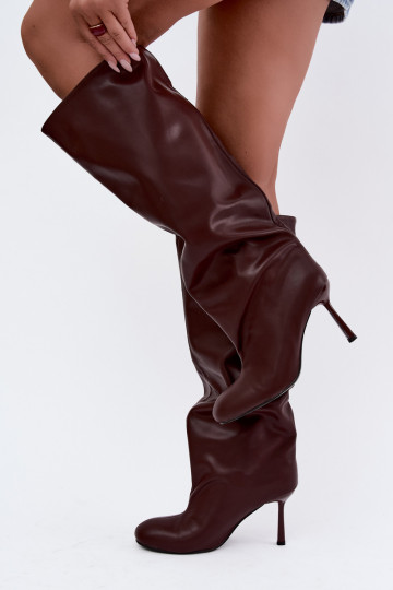 Slip-on women's knee-high boots with slim heels in burgundy color Caliya 2