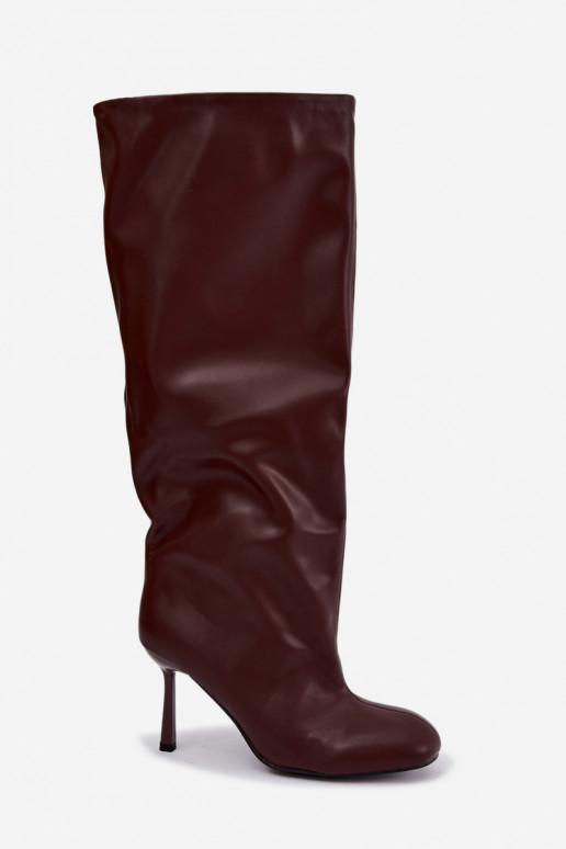 Slip-on women's knee-high boots with slim heels in burgundy color Caliya
