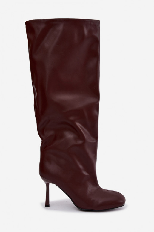 Slip-on women's knee-high boots with slim heels in burgundy color Caliya