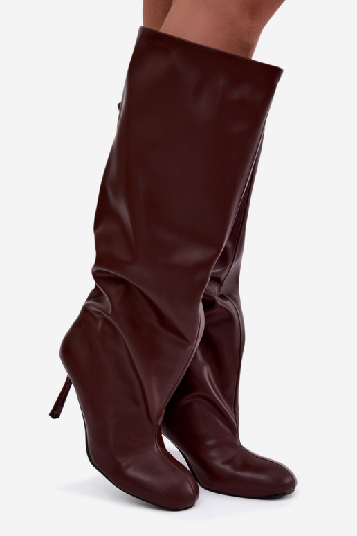 Slip-on women's knee-high boots with slim heels in burgundy color Caliya