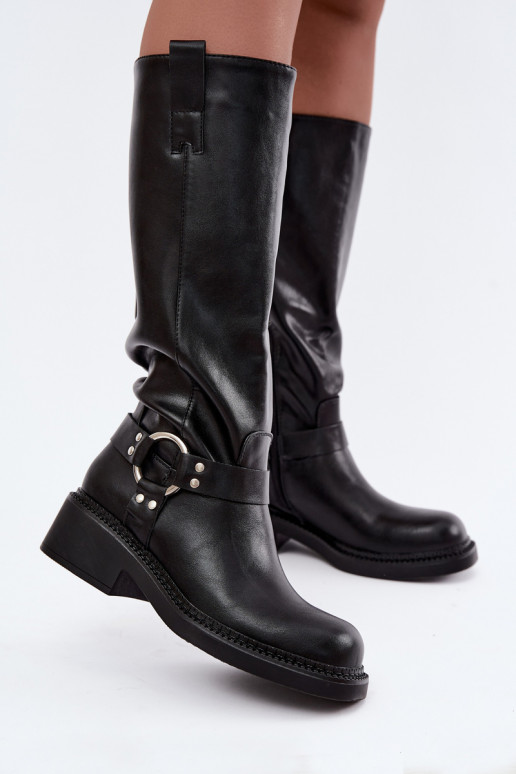 Women's knee-high boots with decorative details in black color Rileta