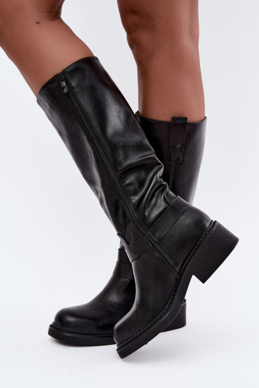 Women's knee-high boots with decorative details in black color Rileta