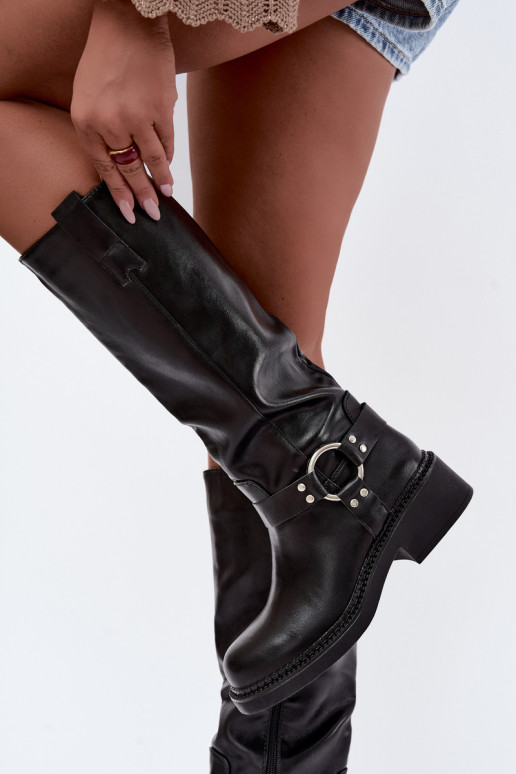 Women's knee-high boots with decorative details in black color Rileta