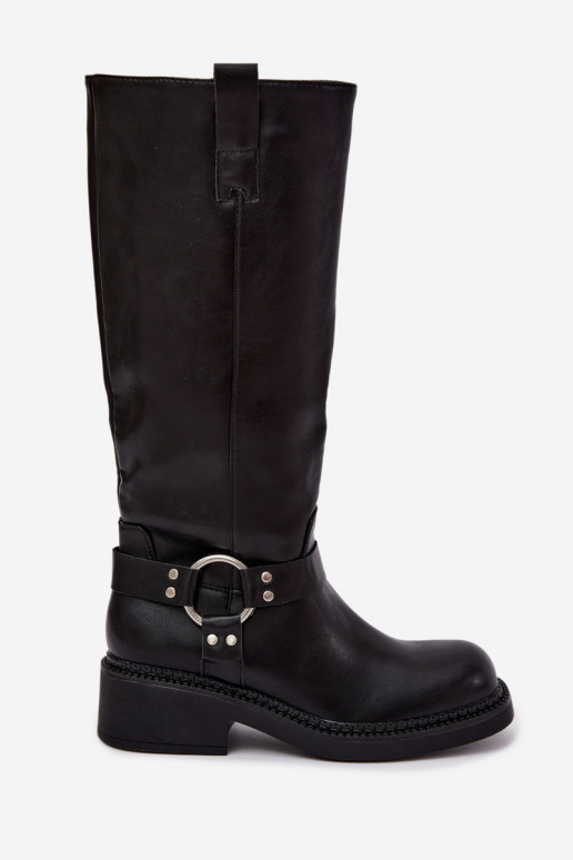 Women's knee-high boots with decorative details in black color Rileta