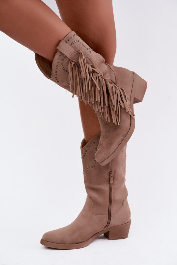 Cowboy-style women's ankle boots with fringes and embellishments in sand color Perlia