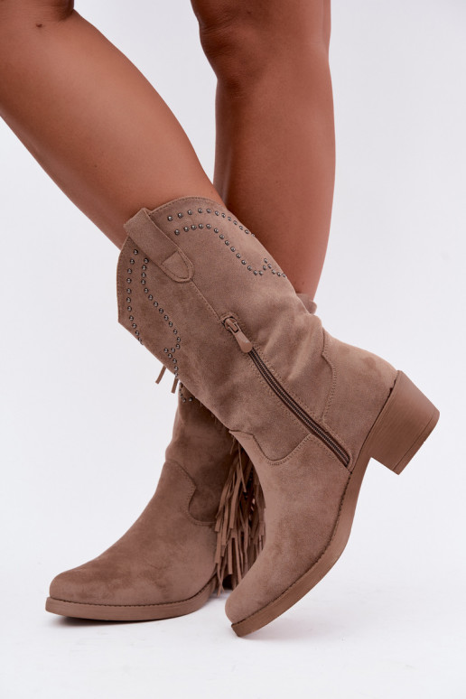Cowboy-style women's ankle boots with fringes and embellishments in sand color Perlia