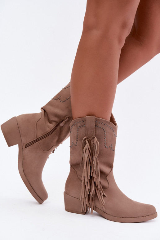 Cowboy-style women's ankle boots with fringes and embellishments in sand color Perlia