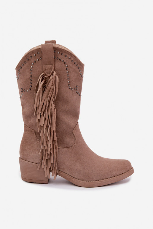 Cowboy-style women's ankle boots with fringes and embellishments in sand color Perlia